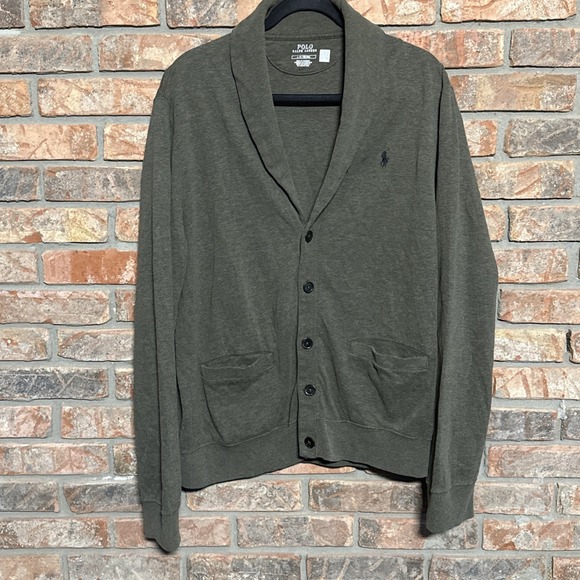 Polo Ralph Lauren Brown Green Cotton Shawl Collar Cardigan Sweater mens Large - Picture 1 of 6